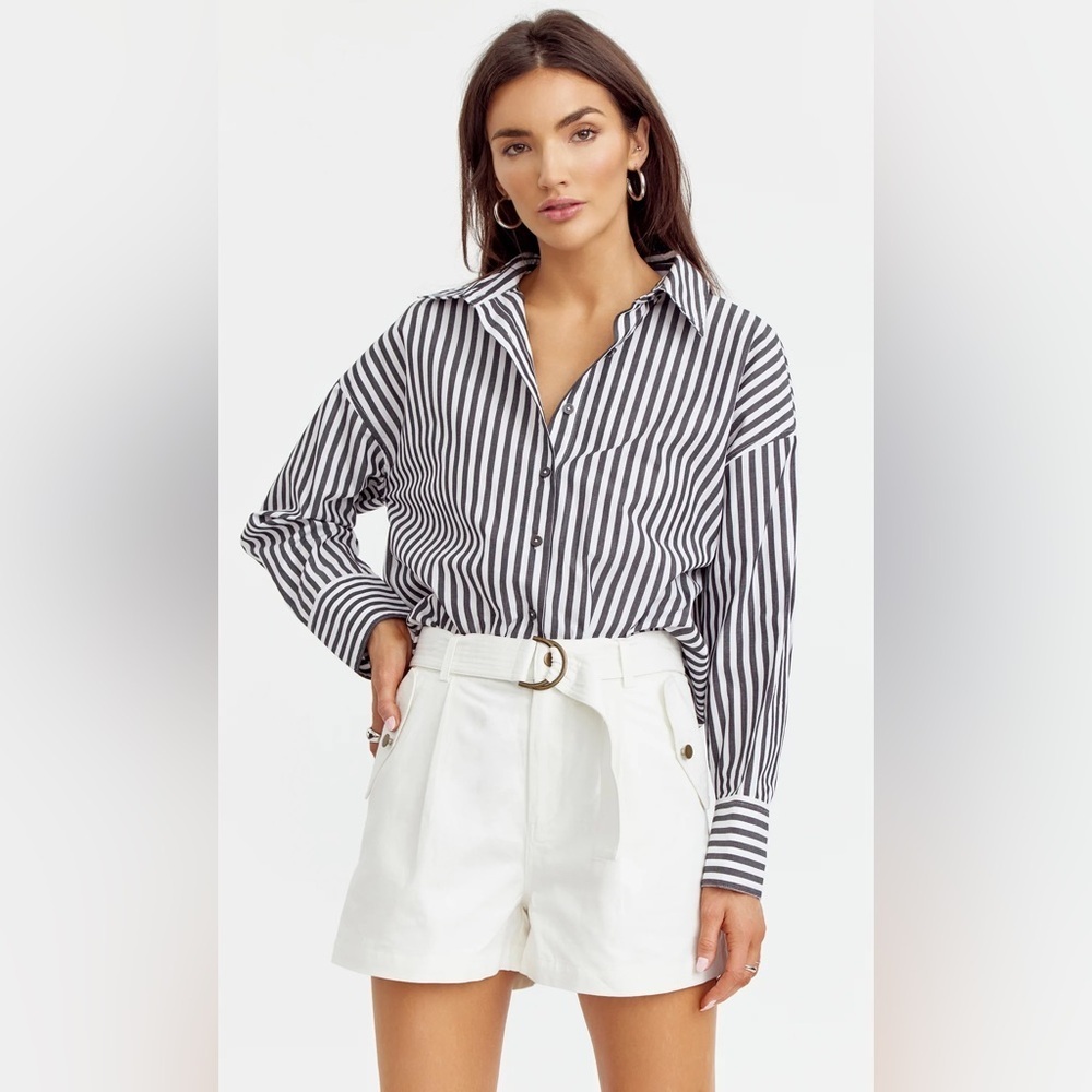 GREYLIN Black White Charcoal Grey Striped Button Front Cotton Blouse Size Medium